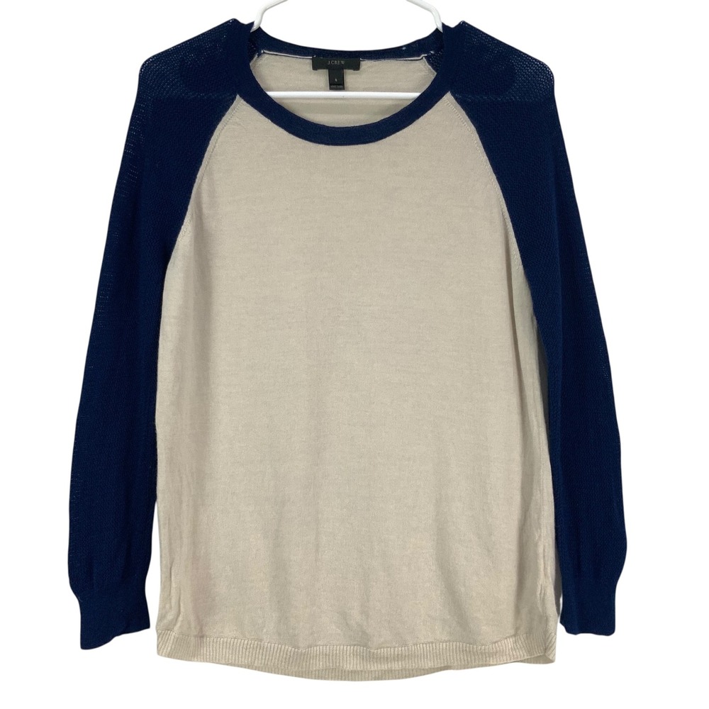 J. Crew Merino Wool Baseball Sweater Blue Cream Pullover Crewneck Size Small